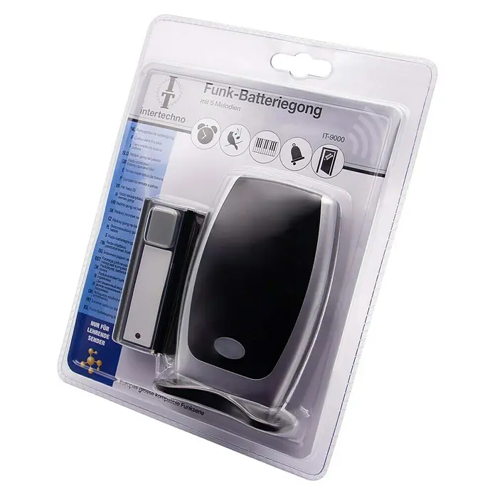 Intertechno Funk-Gong-Set IT-9000 - Schwarz/Silber, Batteriebetrieben - Intertechno Funk-Batteriegong IT-9000 mit 5 Melodien in transparenter Verpackung.