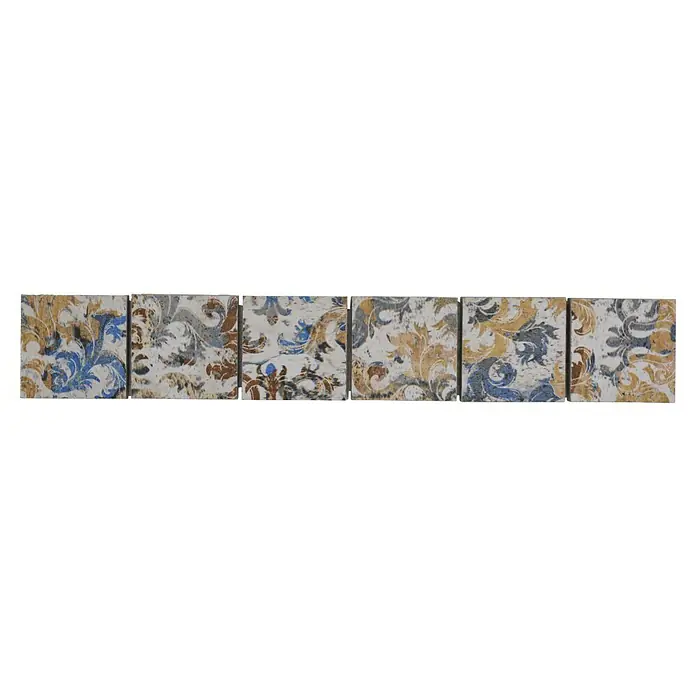 Fliesenbordüre Vestige YBO CV47MSC - 29,5 x 4,7 cm, Bunt, Matt - Nahtlose Reihe dekorativer Wandfliesen mit floralen und blättrigen Motiven in Blau, Gold und Braun für eine elegante Raumgestaltung.