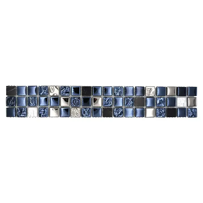 Fliesenbordüre YBO M660 - 30 x 4,8 cm, Mix Schwarz/Silber, Glänzend - Ein Mosaik aus blauen, silbernen und schwarzen Fliesen, die ein elegantes und modernes Design für jeden Raum bieten.