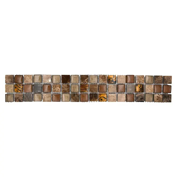 Fliesenbordüre YBO M790 - 30 x 4,8 cm, Mix Beige/Braun, Glänzend - Nahaufnahme eines Mosaiks mit braunen und beigen Glas- und Marmorfliesen, die ein elegantes und vielseitiges Dekorationsmaterial darstellen.