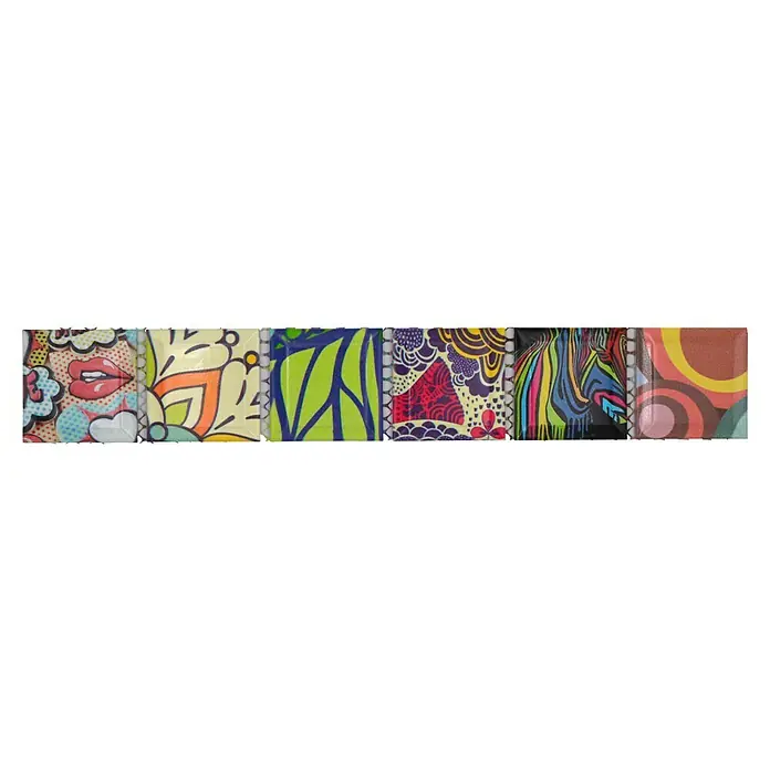 Fliesenbordüre YBO POP - 4,5 x 28,8 cm, Bunt, Glänzend - Produktansicht: Mehrfarbige, modern gemusterte Wandfliesen mit einzigartigen, lebendigen Designs.