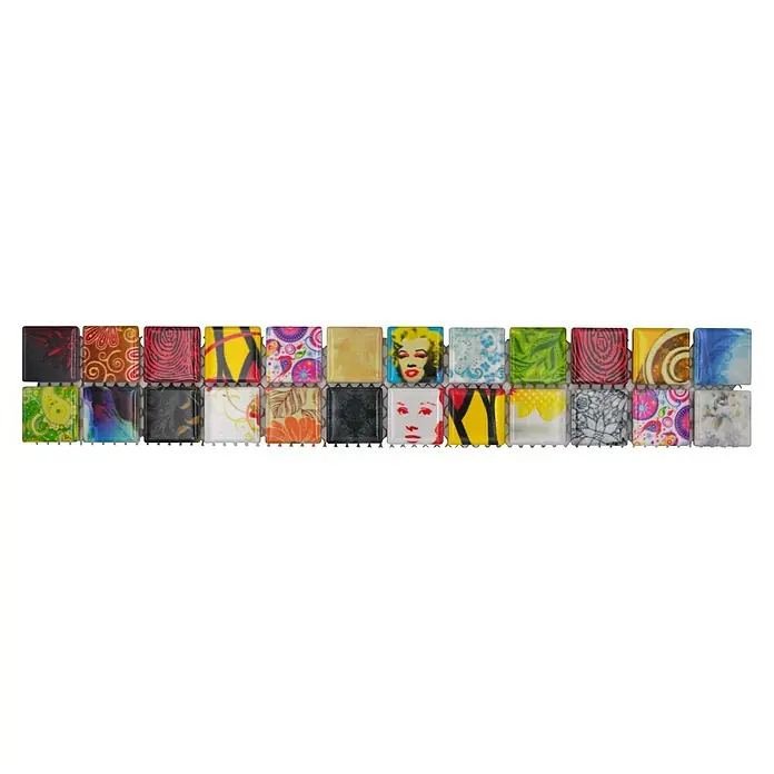 Fliesenbordüre YBO STAR - 4,8 x 30 cm, Bunt, Glänzend - Vielfältige Glasmosaikfliesen mit lebendigen Mustern und Farben, ideal für kreative Wand- und Bodengestaltungen.