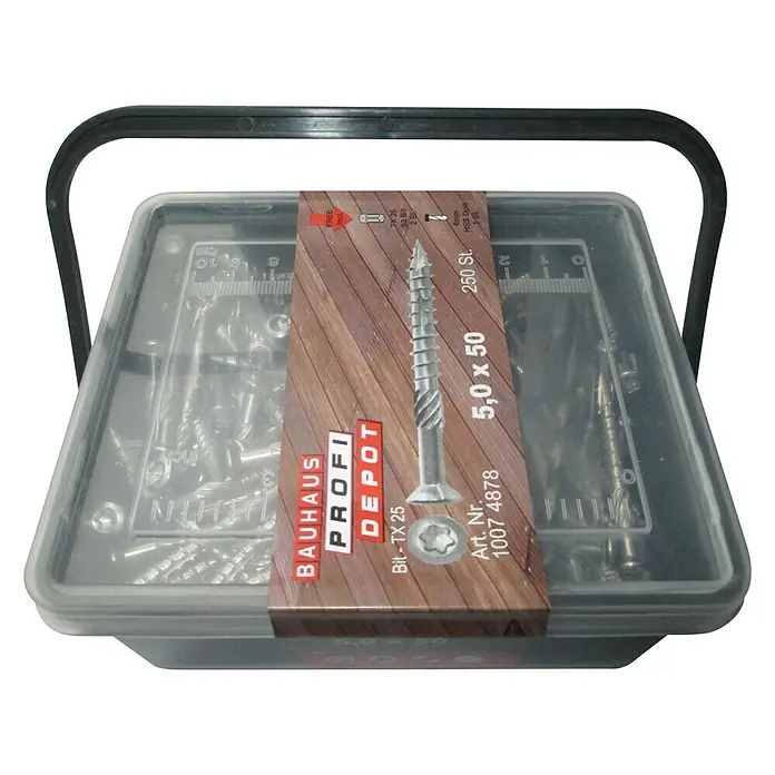 Profi Depot Terrassenschraube A2 - Edelstahl, Durchmesser: 5 mm, Länge: 50 mm, Linsenkopf, 250 Stk. - Eine Box mit BAUHAUS PROFI DEPOT Schrauben, Größe 5,0 x 50, inklusive Bit TX 25, mit der Artikelnummer 1007 4878.