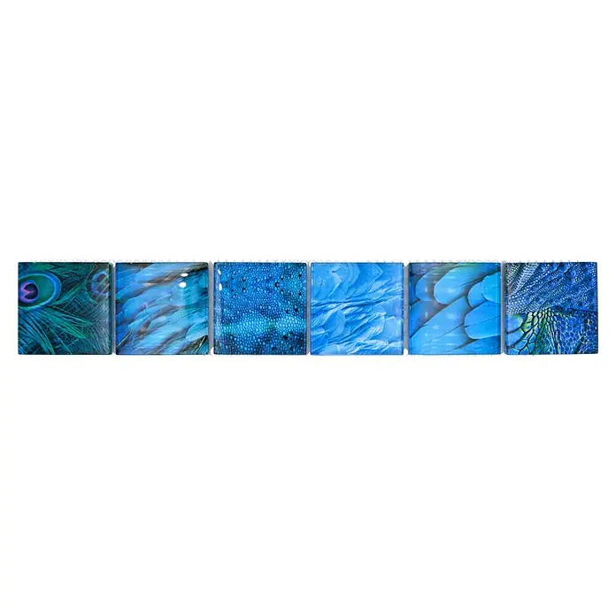 Fliesenbordüre Wildlife YBO WL78 - 29,8 x 4,8 cm, Blau, Glänzend - Sechs blaue Glasfliesen mit Feder- und Schuppenmustern, die ein schimmerndes Farbspiel erzeugen.