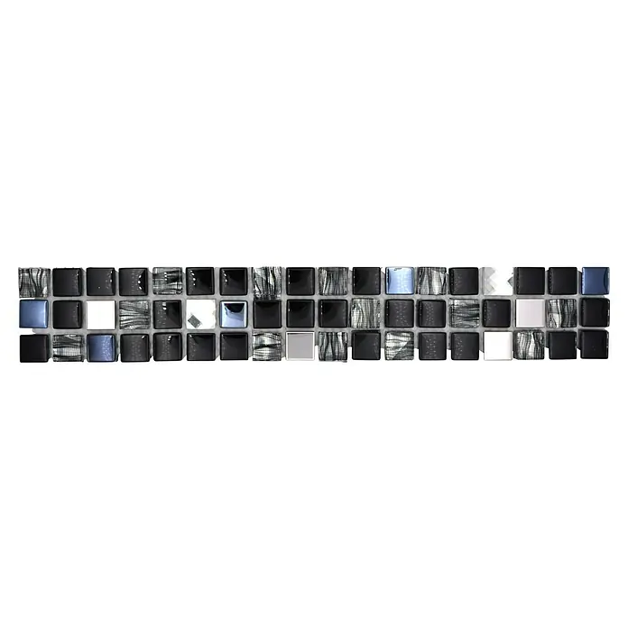 Fliesenbordüre YBO M780 - 30 x 4,8 cm, Mix Schwarz, Glänzend - Eine Nahaufnahme von schwarzen, weißen und blauen Mosaikfliesen, die ein stilvolles und modernes Design zeigen.
