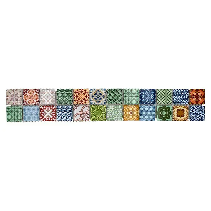 Fliesenbordüre YBO RETRO - 4,8 x 30 cm, Bunt, Matt - Eine Auswahl an dekorativen Fliesen mit verschiedenen Mustern und Farben.
