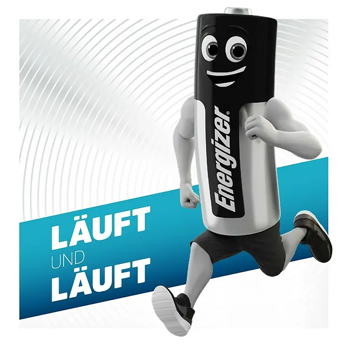 Energizer Batterie Max Plus - Micro AAA, Alkali-Mangan, 1,5 V, 20 Stk. - Das Bild zeigt eine Energizer-Batterie-Figur, die rennt. Darunter steht der Slogan "Läuft und läuft".