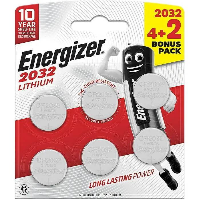 Energizer Knopfzelle - CR2032, 3 V, 6 Stk. - Bild einer Energizer 2032 Lithium-Batteriepackung (4+2 Bonuspack) mit langer Haltbarkeit und kindersicherer Verpackung.