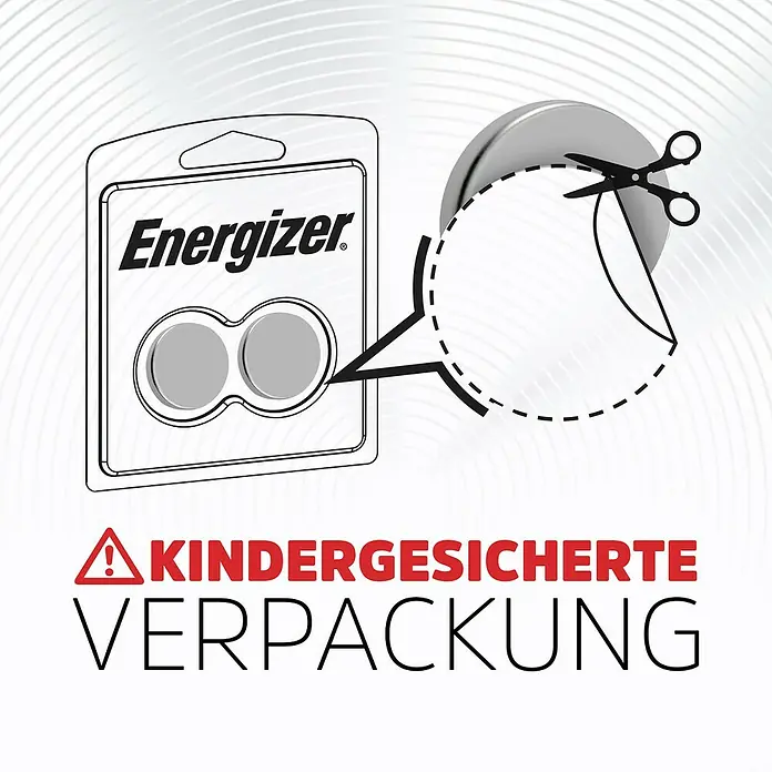 Energizer Knopfzelle - CR2032, 3 V, 6 Stk. - Abbildung einer Blisterpackung Energizer-Knopfzellen, die mit einer Schere aufgeschnitten wird. Warnhinweis "kindersichere Verpackung".