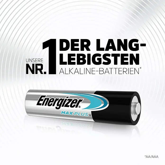 Energizer Batterie Max Plus - Micro AAA, Alkali-Mangan, 1,5 V, 20 Stk. - Bild einer Energizer Max Plus Batterie, die als Nummer 1 der langlebigsten Alkaline-Batterien beworben wird.