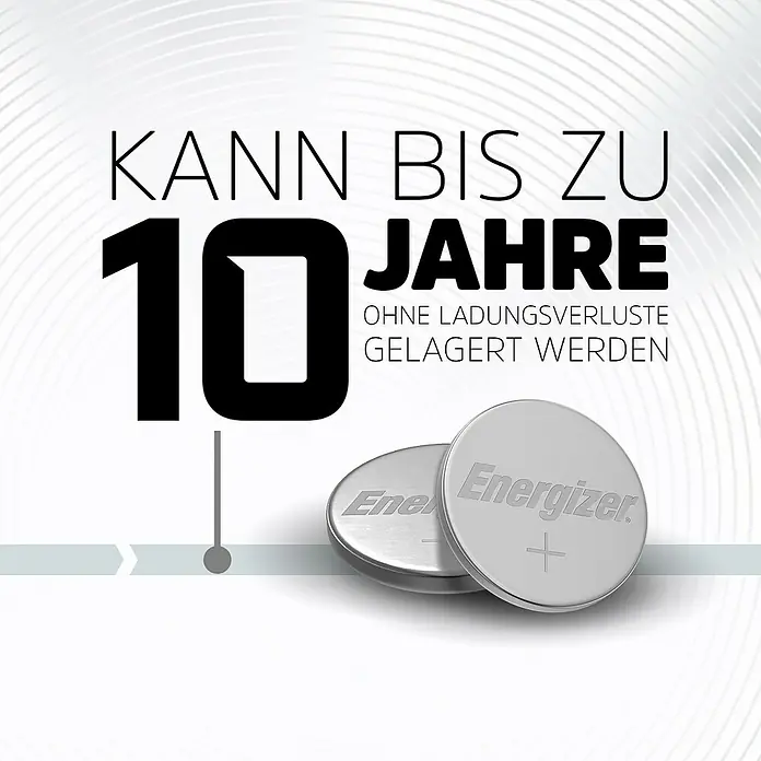 Energizer Knopfzelle - CR2032, 3 V, 6 Stk. - Anzeige für Energizer-Knopfzellenbatterien, die bis zu 10 Jahre ohne Ladungsverlust gelagert werden können.