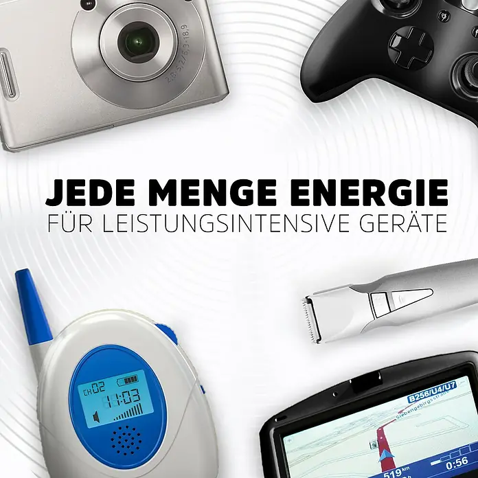 Energizer Batterie Max Plus - Micro AAA, Alkali-Mangan, 1,5 V, 20 Stk. - Produktbild mit verschiedenen Geräten, die viel Energie benötigen, darunter eine Kamera, ein Gamecontroller und ein Babyphone.