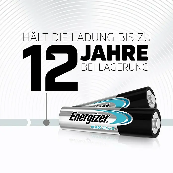 Energizer Batterie Max Plus - Micro AAA, Alkali-Mangan, 1,5 V, 20 Stk. - Energizer Max Plus Batterien im Vordergrund, daneben der Text: "Hält die Ladung bis zu 12 Jahre bei Lagerung".