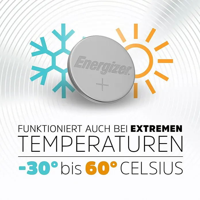 Energizer Knopfzelle - CR2032, 3 V, 6 Stk. - Abbildung einer Energizer-Knopfzelle, die extreme Temperaturen aushält, mit einer Betriebstemperatur von -30 bis 60 Grad Celsius.