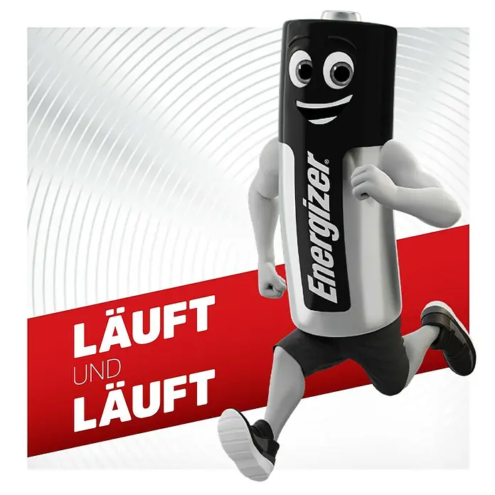 Energizer Knopfzelle - CR2032, 3 V, 6 Stk. - Energizer-Batterie mit Armen und Beinen rennt vor einem roten Banner mit dem Text "Läuft und Läuft".