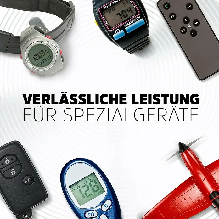 Energizer Knopfzelle - CR2032, 3 V, 6 Stk. - Verschiedene elektronische Geräte, darunter Uhren, Fernbedienung, Blutzuckermessgerät, Autoschlüssel und ein rotes Spielzeugflugzeug.