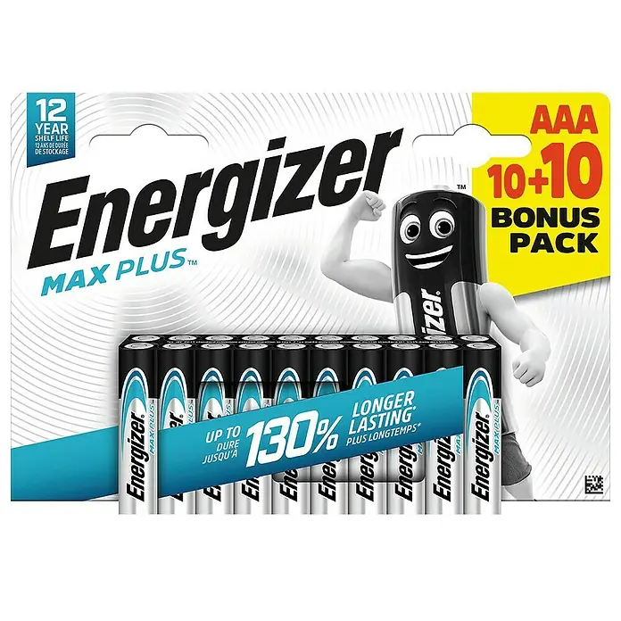 Energizer Batterie Max Plus - Micro AAA, Alkali-Mangan, 1,5 V, 20 Stk. - Packung Energizer Max Plus AAA-Batterien, 10+10 Bonuspack, bietet bis zu 130% längere Lebensdauer. Ideal für Geräte des täglichen Gebrauchs.