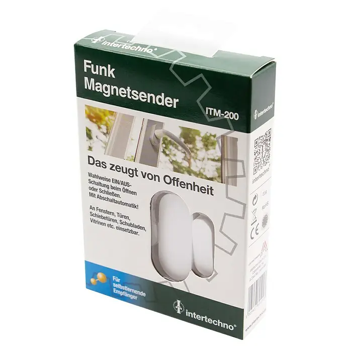 Intertechno Funksender Magnet ITM-200 - 46 x 32 x 12 mm - Ein Funk-Magnetsender ITM-200 von intertechno in der Verpackung. Das Gerät ist für Fenster, Türen und Schubladen geeignet.