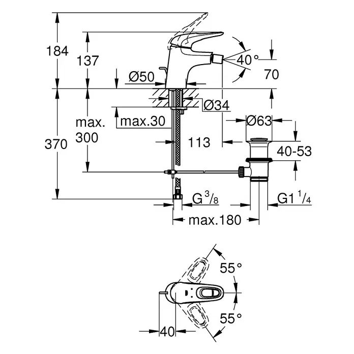 Grohe Eurostyle Bidetarmatur - Chrom, Glänzend - Abbildung eines Wasserhahns mit Maßangaben zu Höhe, Ausladung und Durchmesser der Armatur sowie des Abwasseranschlusses.