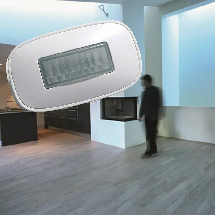 Intertechno Funk-Bewegungsmelder Indoor PIR-3000 - Erfassungswinkel: 160 °, Reichweite ca.: 30 m - Nahaufnahme eines Bewegungsmelders in einem modernen Raum, der Sicherheit und Komfort bietet.