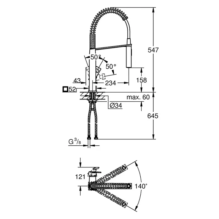 Grohe Eurocube Spültischarmatur - Edelstahl, Matt, Anzahl Strahlarten: 2 Stk. - Technische Zeichnung einer Küchenarmatur mit flexibler Schlauchbrause und den zugehörigen Maßangaben.