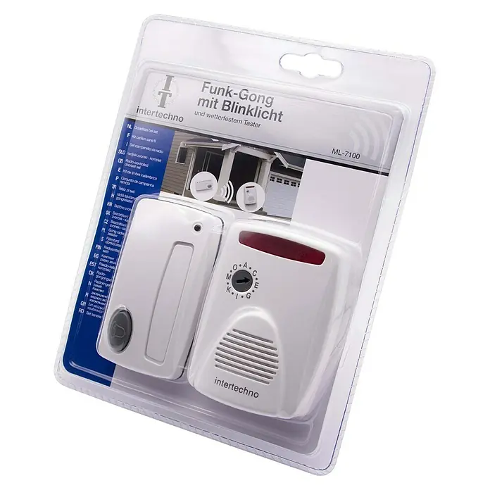 Intertechno Funk-Gong-Set ML-7100 - Reichweite ca.: 35 m - Funk-Gong mit Blinklicht in Originalverpackung. Das Set enthält einen wetterfesten Taster und ist ideal für den Außenbereich geeignet.