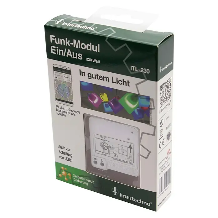 Intertechno Funk-Schaltermodul ITL-230 - 230 W, Reichweite ca.: 30 m - Abbildung einer Verpackung für ein Intertechno Funk-Modul Ein/Aus 230 Watt, das intelligentes Schalten von Leuchten ermöglicht.