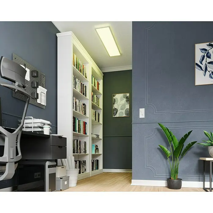 Tween Light LED-Panel RGB-RC-CCT-DIM - 32,5 W, L x B x H: 120 x 30 x 5,5 cm, Weiß, RGBW - Innenaufnahme eines Raumes mit Bücherregal, Bürotisch und Pflanzen, der ein helles, modernes Arbeitsumfeld mit viel Stauraum bietet.