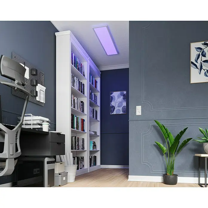 Tween Light LED-Panel RGB-RC-CCT-DIM - 32,5 W, L x B x H: 120 x 30 x 5,5 cm, Weiß, RGBW - Arbeitszimmer mit großem Bücherregal, Schreibtisch und viel Stauraum. Elegantes Design mit Pflanzen und moderner Beleuchtung.