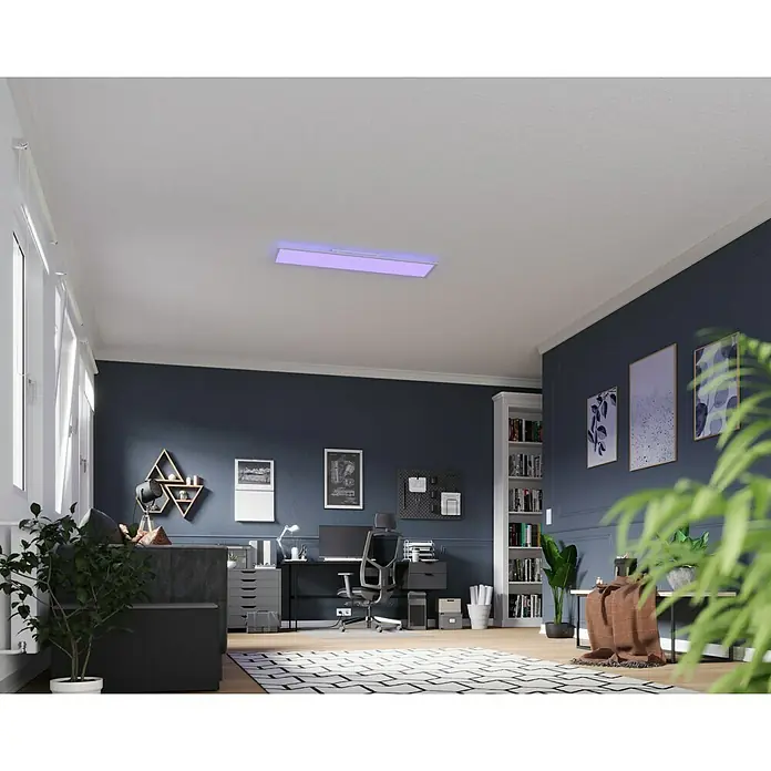 Tween Light LED-Panel RGB-RC-CCT-DIM - 32,5 W, L x B x H: 120 x 30 x 5,5 cm, Weiß, RGBW - Deckenleuchte mit indirekter Beleuchtung in einem modernen Arbeitszimmer, die eine angenehme Atmosphäre schafft.