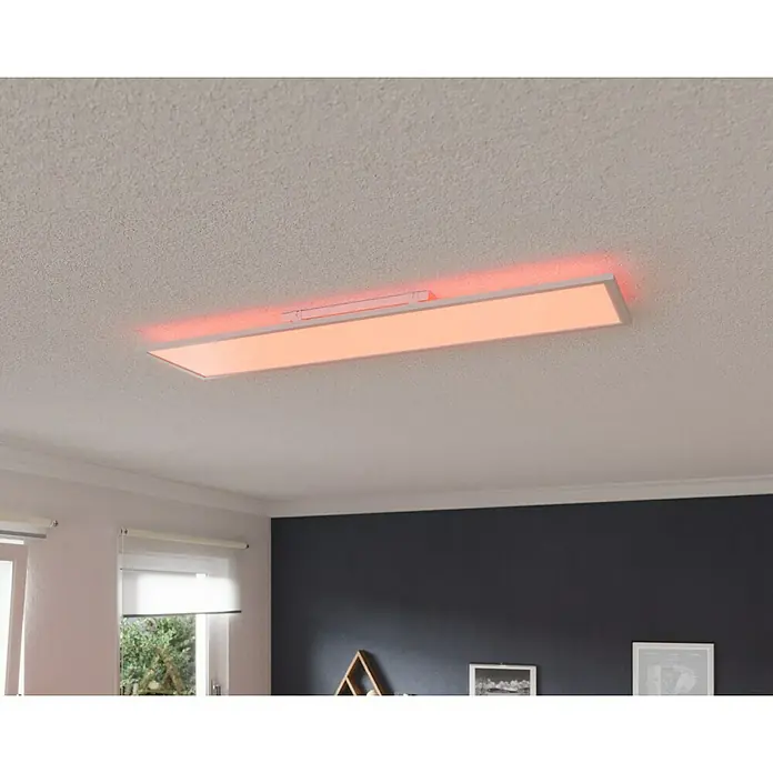 Tween Light LED-Panel RGB-RC-CCT-DIM - 32,5 W, L x B x H: 120 x 30 x 5,5 cm, Weiß, RGBW - Eine rechteckige Deckenleuchte mit einem Rahmen und rotem Licht an der Decke.
