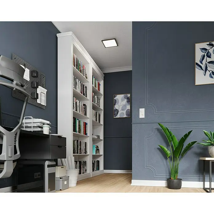 Tween Light LED-Panel Schwarz - 13 W, L x B x H: 29,5 x 29,5 x 5 cm, Schwarz, Neutralweiß - Eine Büroumgebung mit einem großen weißen Bücherregal, einem Schreibtisch und Zimmerpflanzen.