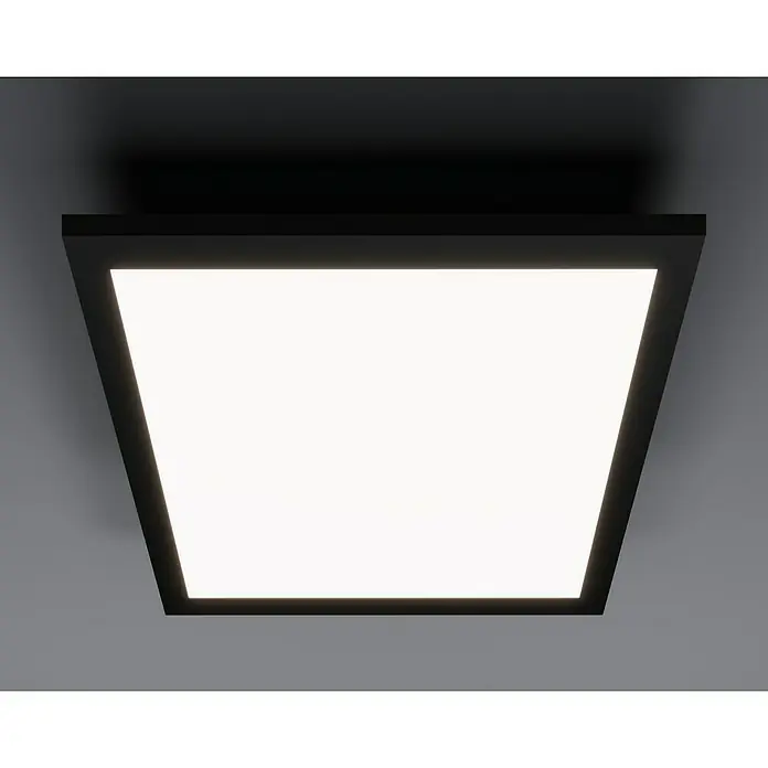 Tween Light Panel LED - 13 W, L x An x Al: 29,5 x 29,5 x 5 cm, Negro, Blanco neutro - Una lámpara de techo cuadrada y moderna con marco negro, que emite una luz brillante y difusa.