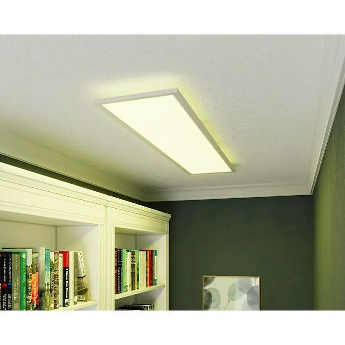 Tween Light LED-Panel RGB-RC-CCT-DIM - 32,5 W, L x B x H: 120 x 30 x 5,5 cm, Weiß, RGBW - Das Bild zeigt eine moderne LED-Deckenleuchte, die ein helles, angenehmes Licht in einem stilvollen Raum verbreitet.