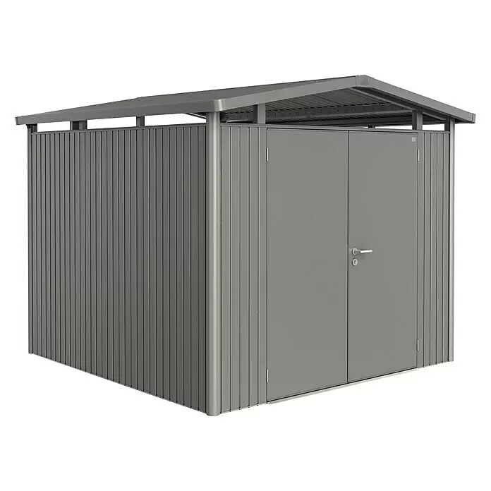 Biohort Panorama Gerätehaus Panorama P4 - Außenmaß inkl. Dachüberstand (B x T): 273 x 278 cm, Stahl, Quarzgrau Metallic, Doppeltür - Ein grauer Metall-Gartenschrank mit Schrägdach und Doppeltüren zur Lagerung im Freien.