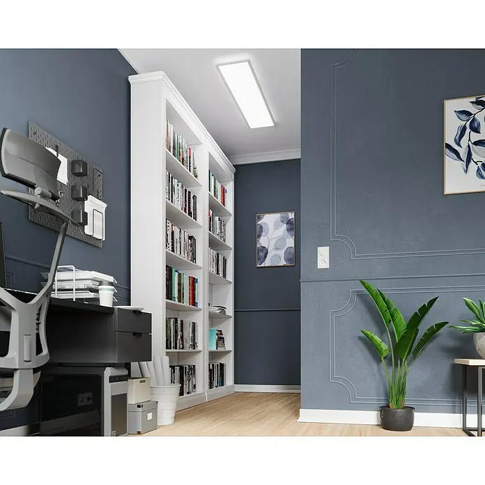 Tween Light LED-Panel RGB-RC-CCT-DIM - 32,5 W, L x B x H: 120 x 30 x 5,5 cm, Weiß, RGBW - Büro mit großem Bücherregal, Schreibtisch mit Computer und Zimmerpflanzen. Ein minimalistischer und moderner Raum.