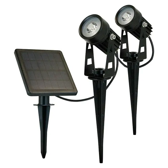 LED-Gartenstrahler - 3,7 W, Schwarz, IP44, LED, 150 lm, 2 Stk. - Solarbetriebene Gartenstrahler: Set mit zwei Strahlern und Solarpanel zur stilvollen Beleuchtung von Gärten und Außenbereichen.