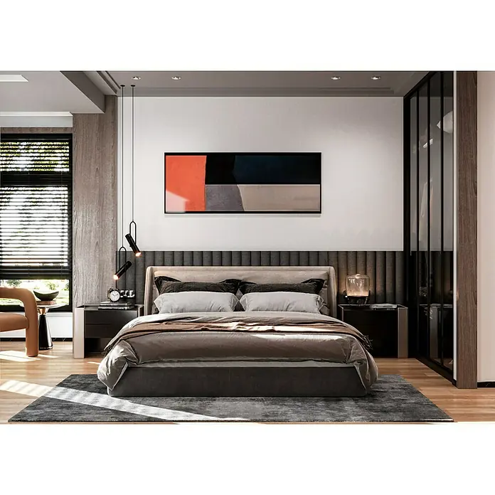 swingcolor Wandfarbe Arktisweiß - Schneeweiß, Matt, 25 l, Konservierungsmittelfrei - Elegantes Schlafzimmer mit großem Bett, Nachttischen und moderner Kunst. Die sanfte Beleuchtung und der Teppich vervollständigen das Ambiente.