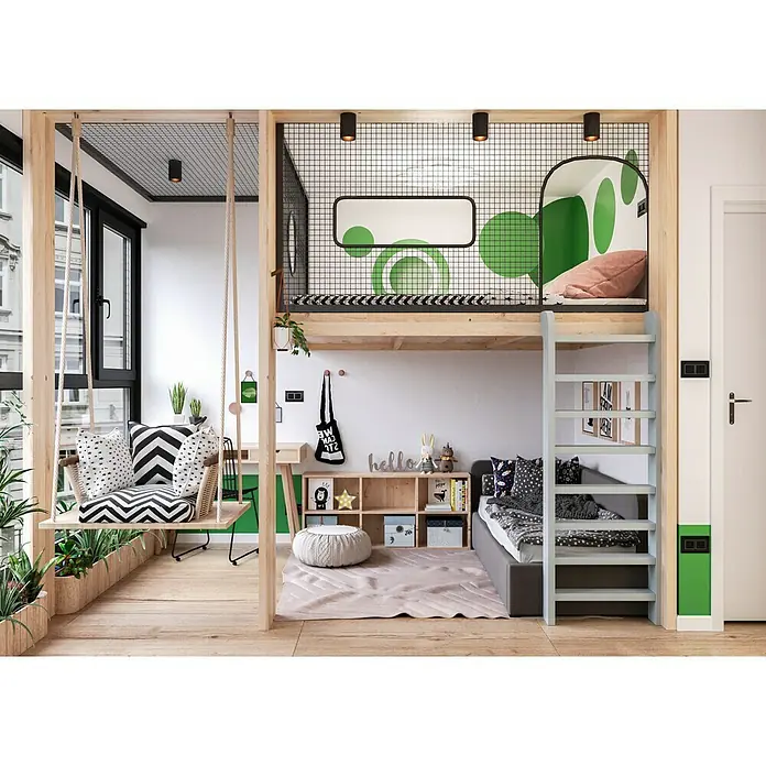 swingcolor Wandfarbe Trockenbaufarbe - Weiß, 10 l, Matt - Ein stilvolles Kinderzimmer mit einem Hochbett, einer Schaukel und einem gemütlichen Sitzbereich. Das Zimmer ist hell und freundlich gestaltet.