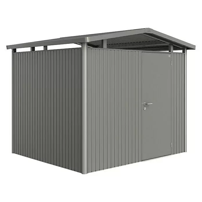 Biohort Panorama Gerätehaus P3 - Außenmaß inkl. Dachüberstand (B x T): 273 x 238 cm, Stahl, Quarzgrau Metallic, Einzeltür - Graues Gartenhaus aus Wellblech mit schrägem Dach und einer Tür mit Griff und Schloss.