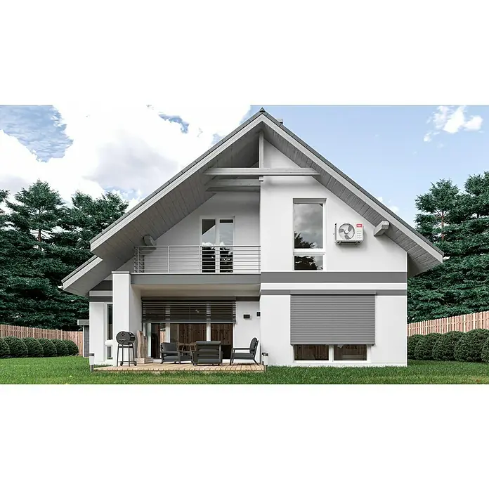 swingcolor Mix Silikat-Fassadenfarbe zum Mischen lassen - Basismischfarbe 4, 10 l - Moderne Hausfassade mit Rollläden an Fenstern und Balkontür, die für Privatsphäre und Sonnenschutz sorgen. Graue Akzente und ein gepflegter Garten.
