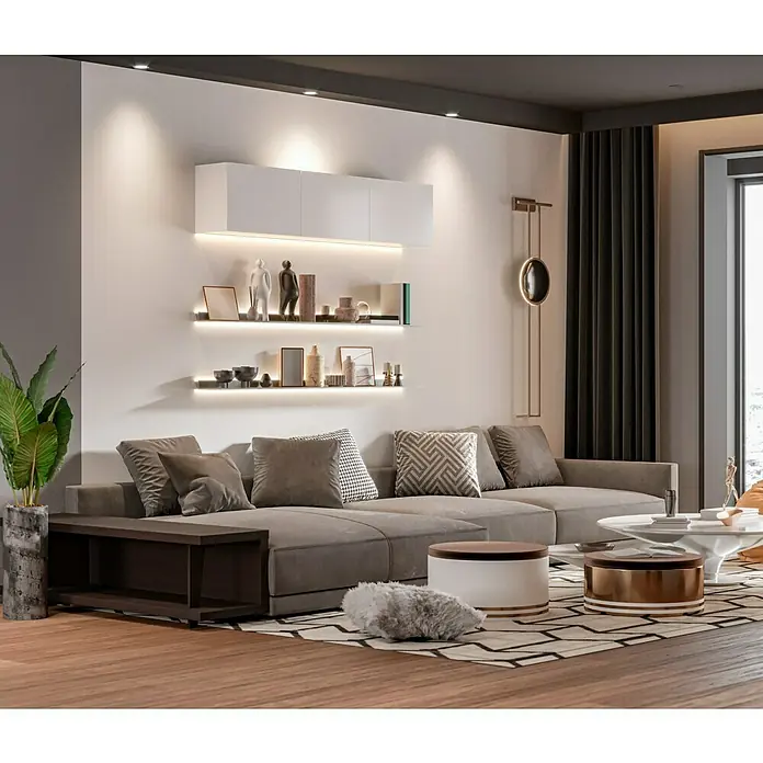 swingcolor Wandfarbe Silikat-Innenfarbe - Weiß, Matt, 10 l, Konservierungsmittelfrei - Wohnzimmer mit einem grauen Ecksofa, Regalen mit Dekoration, Couchtischen und einem Teppich mit geometrischem Muster.