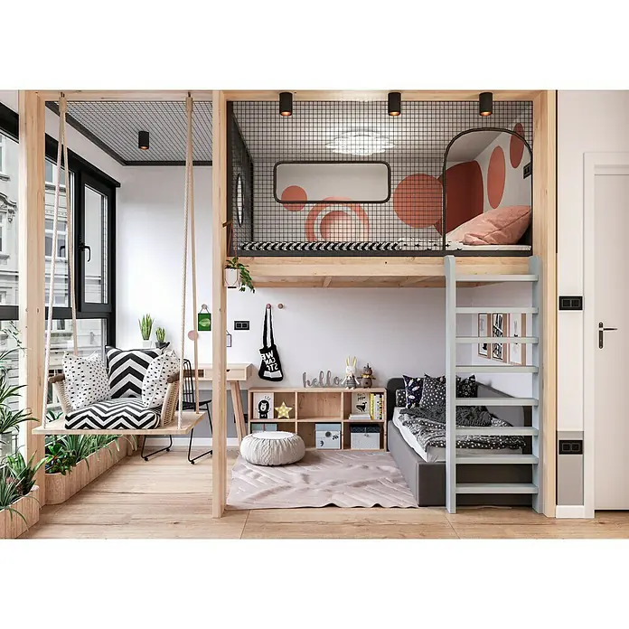 swingcolor Wandfarbe Arktisweiß - Schneeweiß, Matt, 25 l, Konservierungsmittelfrei - Ein Kinderzimmer mit einem erhöhten Bett, das über eine Leiter erreichbar ist, darunter ein Bettsofa. Eine Schaukel hängt links, ideal für einen Kinderspielbereich.