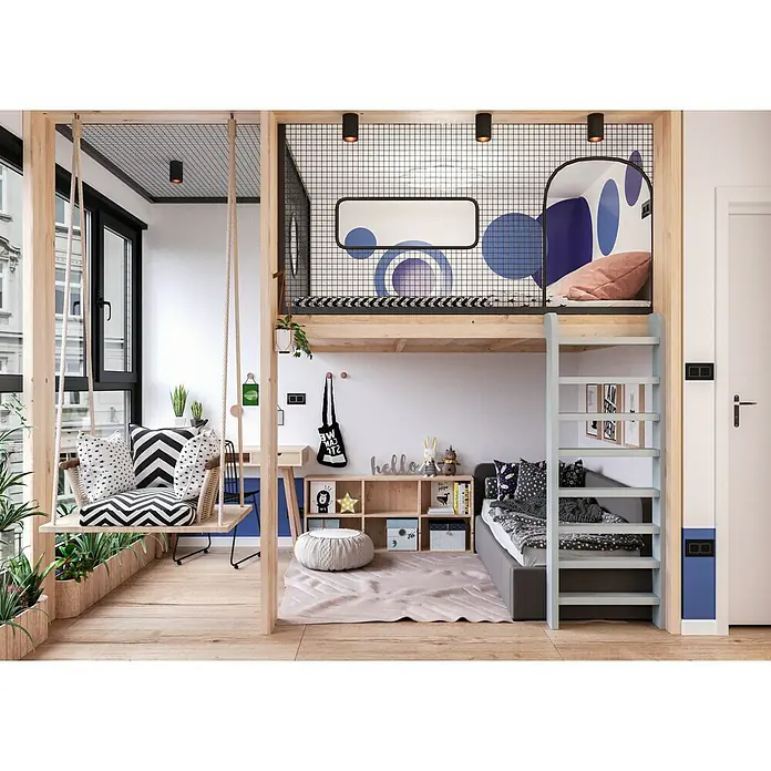 swingcolor Wandfarbe Silikat-Innenfarbe - Weiß, Matt, 10 l, Konservierungsmittelfrei - Ein modernes Kinderzimmer mit einem Hochbett und einer Schaukel, die beide durch ein helles Holzdesign hervorgehoben werden. Ideal für stilvolle Kinder.