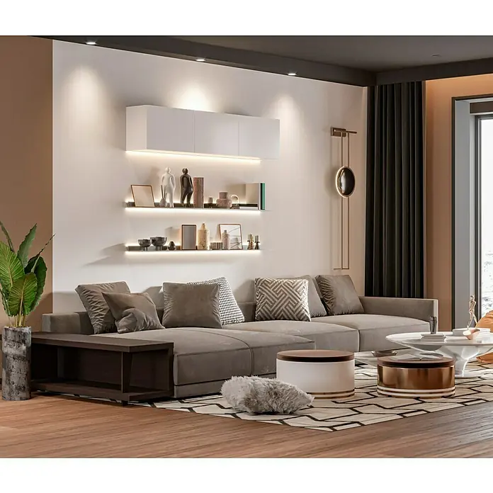 swingcolor Wandfarbe Arktisweiß - Schneeweiß, Matt, 25 l, Konservierungsmittelfrei - Wohnzimmer mit großem Ecksofa, Couchtischen und hell erleuchteten Regalen an der Wand.