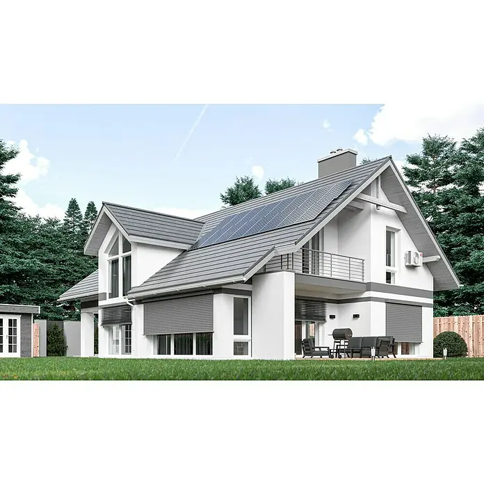 swingcolor Mix Silikat-Fassadenfarbe zum Mischen lassen - Basismischfarbe 4, 10 l - Modernes Haus mit grauen Rollläden, Solaranlagen und einer gemütlichen Terrasse mit Grill. Das Haus bietet energieeffizientes Wohnen.