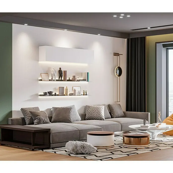 swingcolor effects Flüssige Raufaser Wohnraumfarbe mit Raufaser-Effekt - Weiß, 10 l, Matt - Wohnzimmer mit grauer Couch, weißen Regalen und Akzenten in Grün und Gold, die ein modernes, stilvolles Ambiente schaffen.