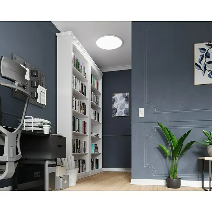 Tween Light LED-Panel rund RC-CCT-DIM - 35 W, Ø x H: 60 x 5 cm, Weiß, Mehrfarbig - Das Bild zeigt ein helles, modernes Büro mit einem großen Bücherregal, einem Schreibtisch und dekorativen Elementen.
