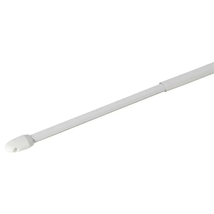Expo Ambiente Vitragestange SimpleAuszugslänge: 100 cm - 190 cm, Weiß, Gesamtstückzahl: 2 Stk. - Nahaufnahme einer weißen Gardinenstange mit einer abgerundeten Endkappe mit Loch, ideal für Fensterdekorationen.