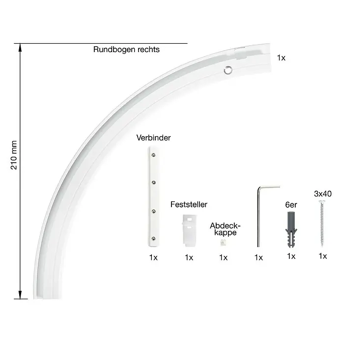 Rundbogen Level Verdunkelungssystem - Anzahl Läufe: 1 Stk., Weiß, Rechts gebogen - Abbildung eines rechten Rundbogens mit Zubehör wie Verbinder, Feststeller, Abdeckkappe, Schraubenschlüssel, Dübel und Schraube.